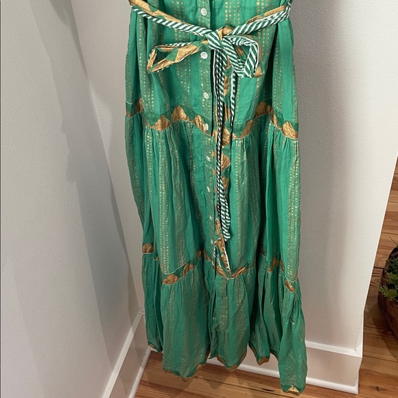 Oliphant green and gold 100% cotton button down maxi dress with pockets & sash - Picture 3 of 6